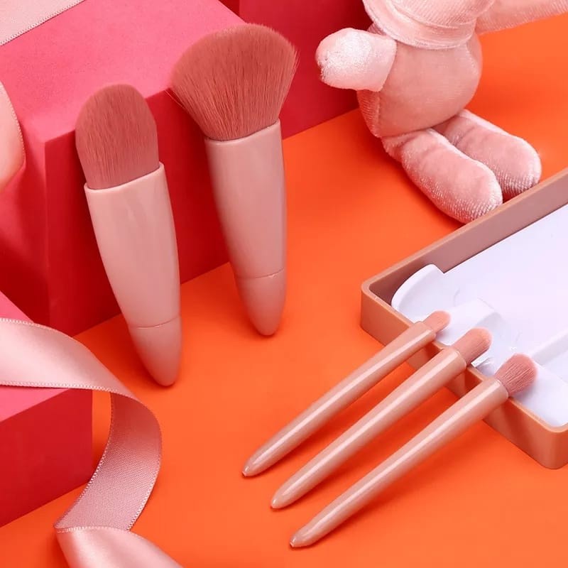 Mini Espelho de Maquiagem Portátil com 5 Pcs Pincéis de Maquiagem