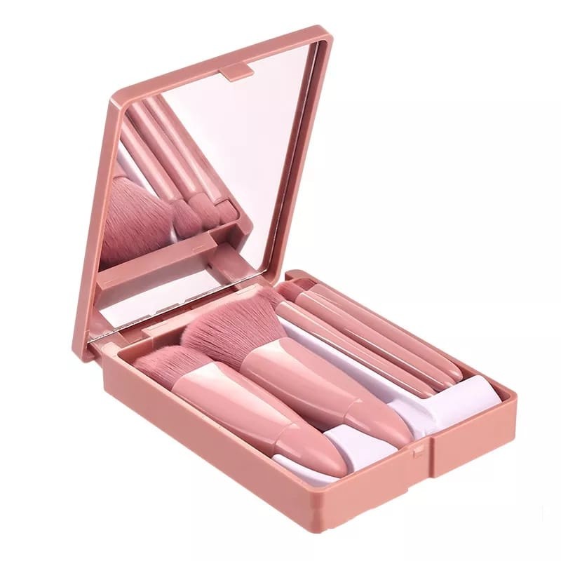 Mini Espelho de Maquiagem Portátil com 5 Pcs Pincéis de Maquiagem