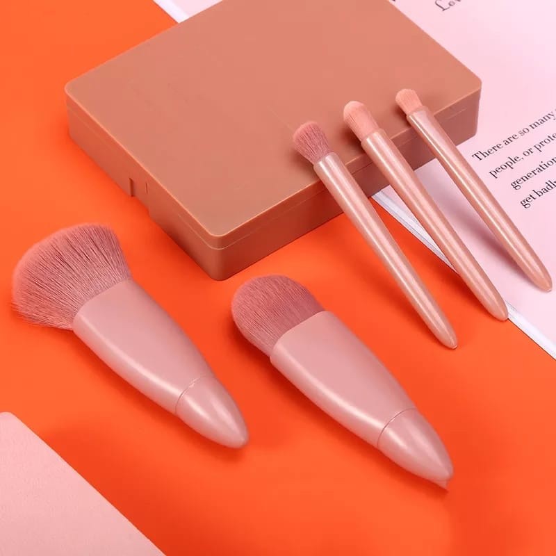 Mini Espelho de Maquiagem Portátil com 5 Pcs Pincéis de Maquiagem