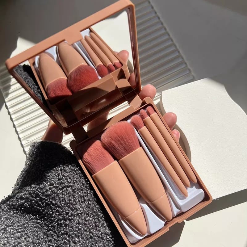 Mini Espelho de Maquiagem Portátil com 5 Pcs Pincéis de Maquiagem
